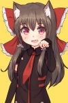  1girl :d alternate_costume animal_ears blush bow brown_hair cat_ears fang hair_bow hair_tubes hakurei_reimu highres kemonomimi_mode long_hair long_sleeves looking_at_viewer necktie open_mouth paw_pose red_eyes red_necktie shone sketch smile solo touhou upper_body yellow_background 