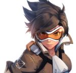  1girl brown_eyes brown_hair goggles jacket looking_at_viewer overwatch shizuma_yoshinori short_hair simple_background smile solo spiky_hair tracer_(overwatch) union_jack white_background 