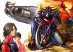  brown_hair duke_fleed gongyoung-seok grendizer holding holding_weapon kabuto_kouji looking_afar looking_at_viewer mecha open_clothes open_shirt pilot_suit red_shirt shirt ufo_robo_grendizer vehicle wavy_hair weapon 