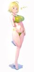  1girl ahoge arms_behind_back bikini blonde_hair blush breasts green_bikini green_eyes large_breasts leg_up looking_at_viewer midriff original rorona_s. short_hair side-tie_bikini solo sweat swimsuit 