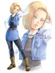  1girl android_18 blonde_hair blue_eyes blue_skirt boots brown_boots contrapposto copyright_name dragon_ball dragon_ball_z eply full_body hand_in_hair hand_on_hip highres lips pantyhose skirt solo torn_clothes torn_jacket vest zoom_layer 
