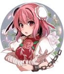  1girl amputee asa_(coco) bandaged_arm bandages bun_cover chain chinese_clothes cuffs double_bun flower hair_bun ibaraki_kasen pink_eyes pink_hair pink_rose puffy_sleeves rose shackles short_hair solo tabard touhou upper_body 
