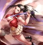  1girl ass bare_arms bare_legs black_hair boku_no_hero_academia boots breasts brown_eyes cleavage cleavage_cutout dual_wielding katana large_breasts long_hair looking_at_viewer ponytail shirt skirt solo sukumo_(kemutai) sword torn_clothes weapon yaoyorozu_momo 