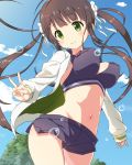  1girl brown_hair emmmp gochuumon_wa_usagi_desu_ka? green_eyes jacket long_hair short_shorts shorts twintails ujimatsu_chiya 