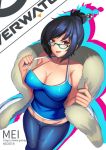  1girl artist_name breasts brown_eyes brown_hair character_name cleavage coat glasses hair_bun hair_ornament hairpin large_breasts looking_at_viewer mei_(overwatch) negister overwatch short_hair signature smile solo strap_gap strap_pull tank_top watermark web_address 