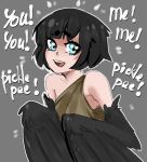  1girl :d black_hair black_wings blue_eyes dark_souls_iii feathered_wings grey_background harpy iwbitu-sa monster_girl open_mouth personification pickle_pee_pump-a-rum_crow short_hair simple_background smile solo souls_(from_software) sparkling_eyes wings 