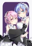  2girls absurdres alternate_costume blue_eyes blue_hair breasts cleavage detached_collar detached_sleeves enmaided eyebrows eyebrows_visible_through_hair female frills hair_over_one_eye hair_ribbon highres looking_at_viewer maid maid_headdress multiple_girls open_mouth pink_hair ram_(re:zero) re:zero_kara_hajimeru_isekai_seikatsu red_eyes rem_(re:zero) ribbon short_hair x_hair_ornament xinshijie_de_akalin 