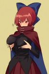  1girl blush breast_hold breasts cape covered_mouth green_background hair_ribbon large_breasts long_sleeves looking_down red_eyes redhead ribbon sekibanki shirt short_hair simple_background skirt solo text touhou upper_body urin 
