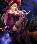  1girl ackood bare_shoulders blonde_hair blurry boots breasts broom castle cleavage corset depth_of_field dress fingerless_gloves flying gloves green_eyes hat lace-trimmed_dress lace_gloves lantern long_hair night original sitting sitting_on_object solo thigh-highs thigh_boots tree witch_hat 