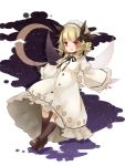  1girl black_bow black_ribbon blonde_hair blush boots bow brown_boots crescent_moon dress drill_hair full_body hair_bow hat long_sleeves looking_at_viewer luna_child moon open_mouth outstretched_arms red_eyes ribbon smile solo touhou toutenkou white_dress wide_sleeves 