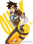  1girl ass breasts brown_hair earrings english gloves hand_on_hip hand_to_own_mouth highres jewelry kndy open_mouth overwatch patreon short_hair simple_background solo tracer_(overwatch) visor watermark web_address white_background 