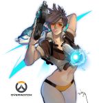  1girl arms_up artist_name bangs bikini bikini_bottom bomber_jacket brown_eyes brown_hair brown_jacket collarbone copyright_name cowboy_shot fur_collar fur_trim gun handgun harness highres holding holding_gun holding_weapon jacket leather leather_jacket lips looking_at_viewer overwatch pistol short_hair short_sleeves signature sleeves_rolled_up solo spiky_hair sunglasses swimsuit tracer_(overwatch) weapon 