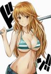  1girl bangle bikini_top bracelet breasts brown_eyes brown_hair cleavage collarbone commentary_request earrings jewelry log_pose long_hair looking_at_viewer nami_(one_piece) nannacy7 navel one_piece revision smile solo 