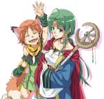  2girls agahari ahoge animal_ears animal_nose arm_warmers beads cape circlet claws collarbone commentary dress fur green_eyes green_hair hair_beads hair_ornament highres jewelry light_smile multiple_girls necklace open_mouth original ponytail shadow smile staff tail 