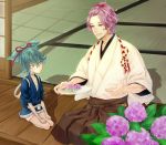  2boys blue_hair flower hydrangea japanese_clothes kasen_kanesada male_focus multiple_boys purple_hair sayo_samonji seiza sitting touken_ranbu yuta_(kchimuuuuu) 