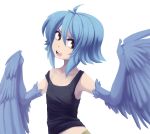  1girl ahoge blue_hair blue_wings feathered_wings flat_chest harpy iwbitu-sa monster_girl monster_musume_no_iru_nichijou open_mouth papi_(monster_musume) simple_background solo white_background wings yellow_eyes 