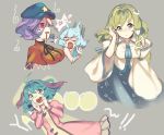  4girls animal_ears beret blood blood_from_mouth blue_hair cheong_ha detached_sleeves dog_ears green_eyes green_hair hair_ornament hat kasodani_kyouko kochiya_sanae miyako_yoshika multiple_girls ofuda purple_hair red_eyes snake_hair_ornament surprised tatara_kogasa touhou 