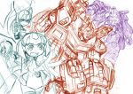  3girls android arm_cannon autobot cannon dark_persona decepticon gun humanoid_robot kamizono_(spookyhouse) little_helper_(tflh) machine machinery mecha megatron multiple_boys multiple_girls no_humans open_mouth optimus_prime original personification pointing pointing_at_viewer robot science_fiction sketch transformers weapon 