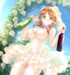  1girl alternate_costume bangs beads blue_sky bottle breasts brown_eyes brown_hair buckle bush clouds cowboy_shot dress earrings eyebrows eyebrows_visible_through_hair flower from_below garter_straps gorua_(youce01) grin hair_beads hair_flower hair_ornament hair_over_shoulder holding idolmaster idolmaster_cinderella_girls jewelry katagiri_sanae lace-trimmed_dress large_breasts light_particles looking_at_viewer low_twintails necklace outdoors revision rose sake_bottle sky sleeveless sleeveless_dress smile solo strap_gap thigh-highs twintails veil wedding_dress white_dress white_flower white_legwear white_rose wine_bottle 