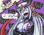  1boy 1girl alice_(mon-musu_quest!) alisfieze_fateburn_xvi bad_end bad_end_happy black_gloves bodypaint breasts cleavage creepy english fantasy gloves grandmastag hair_ribbon headgear lamia long_hair luka_(mon-musu_quest!) markings mon-musu_quest! monster_girl purple_background ribbon scales silver_hair simple_background smile smirk snake snake_tail solo_focus tail tail_ribbon tattoo text trifle_nihai very_long_hair yandere yellow_eyes 