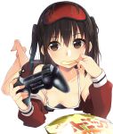  1girl bag_of_chips bare_shoulders barefoot blush breasts brown_eyes brown_hair camisole character_name chips collarbone contemporary controller downblouse dualshock eating foreshortening full_body game_controller gamepad hanging_breasts holding jacket kantai_collection ko_ru_ri legs_up long_sleeves looking_at_viewer lying on_stomach open_clothes open_jacket red_jacket sendai_(kantai_collection) short_hair simple_background sleeveless solo the_pose transparent_background wireless 