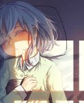  1girl bangs blush character_request collared_shirt highres on_bed pillow pyonsuke_(pyon2_mfg) shadow shirt sleeping solo sunlight window 