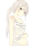  1girl bare_arms belly_peek character_request copyright_request grey_eyes grey_hair head_tilt long_hair looking_at_viewer lp_(hamasa00) navel open_mouth ponytail shirt_lift simple_background solo tank_top upper_body white_background 