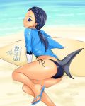  1girl abe_tsukumo beach blue_eyes doubutsu_sentai_zyuohger earrings female jewelry sandals sera_(doubutsu_sentai_zyuohger) shark_fin solo super_sentai surfboard 