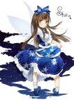  1girl blue_bow blue_dress blue_shoes blush bobby_socks bow brown_eyes brown_hair character_name dress fairy_wings full_body hair_bow long_hair looking_at_viewer looking_back puffy_sleeves shoes simple_background smile socks solo standing star star_sapphire touhou toutenkou white_legwear wings 