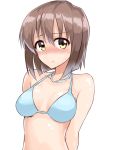  1girl :t arms_behind_back bare_shoulders bikini bikini_top blue_bikini blue_bikini_top blush breasts brown_hair cleavage closed_mouth collarbone eyebrows eyebrows_visible_through_hair hagiwara_yukiho hair_between_eyes idolmaster jewelry looking_at_viewer necklace nose_blush pout shiny shiny_skin short_hair shunichi simple_background solo swimsuit white_background yellow_eyes 