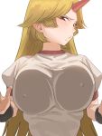 1girl against_fourth_wall amino_(tn7135) blonde_hair covered_nipples horn hoshiguma_yuugi long_hair looking_at_viewer pointy_ears profile puffy_sleeves red_eyes shirt short_sleeves simple_background solo touhou upper_body white_background 