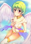  1girl angel_wings blush breasts cleavage green_hair mikazuchi_zeus original red_eyes scroll see-through short_hair smile solo thigh-highs wings 