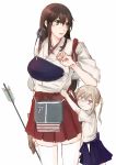  2girls :t akagi_(kantai_collection) arrow black_legwear blonde_hair blush brown_eyes brown_hair flight_deck graf_zeppelin_(kantai_collection) grey_eyes hair_between_eyes hakama_skirt height_difference highres japanese_clothes kantai_collection long_hair looking_at_viewer looking_to_the_side multiple_girls muneate nontraditional_miko open_mouth pout sayo_(asahisayo) sidelocks straight_hair thigh-highs tsurime twintails younger 