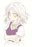  apron bangs bow braid commentary_request crossed_arms green_eyes hair_bow izayoi_sakuya maid maid_apron maid_headdress puffy_short_sleeves puffy_sleeves satou_kibi short_hair short_sleeves sketch touhou twin_braids upper_body white_hair 