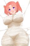  1girl blush bound breasts curvy d: hifumiyo large_breasts mikakunin_de_shinkoukei open_mouth pink_hair short_hair silk skin_tight solo spider_web thick_thighs thighs two_side_up violet_eyes wide_hips wrapped_up yonomori_kobeni 