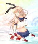  1girl ass bare_shoulders black_panties blonde_hair blue_skirt crop_top detached_sleeves elbow_gloves from_behind gloves green_eyes hair_between_eyes hair_over_shoulder hairband highleg highleg_panties kantai_collection looking_at_viewer miniskirt misoradeko panties pleated_skirt shimakaze_(kantai_collection) shirt sitting skirt sleeveless sleeveless_shirt striped striped_legwear thigh-highs underwear water 