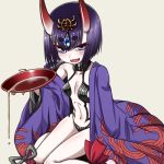  1girl alcohol fangs fate/grand_order fate_(series) hanya_(hanya_yashiki) horns japanese_clothes lowres oni open_mouth pale_skin purple_hair sakazuki sake short_hair shuten_douji_(fate/grand_order) simple_background smile solo violet_eyes 