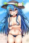  1girl bikini blue_hair blush colored food fruit hat hat_ribbon hinanawi_tenshi kneeling long_hair looking_at_viewer midriff navel ocean open_mouth peach red_eyes ribbon sketch solo sweatdrop swimsuit touhou yuhito_(ablbex) 