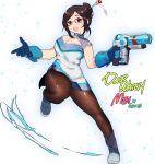  1girl adapted_costume alternate_costume artist_name blue_boots blue_gloves boots breasts brown_hair character_name cleavage cleavage_cutout covered_navel dress full_body glasses gloves gun hair_bun hair_ornament hairpin holding holding_weapon large_breasts mei_(overwatch) one_leg_raised open_mouth overwatch pantyhose red-framed_glasses robot short_hair smile solo standing transparent_background weapon white_background 
