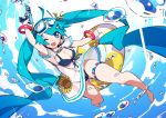  1girl 39 absurdly_long_hair ahoge aqua_eyes aqua_hair arm_up bikini bracelet center_opening dress goggles goggles_on_head hatsune_miku highres innertube jewelry long_hair one_eye_closed open_mouth see-through snorkel solo summer swimsuit thigh_strap twintails very_long_hair vocaloid water water_gun 