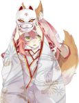  1girl alternate_costume animal_ears blush caster_(fate/extra) fate/extra fate/grand_order fate_(series) fox_ears fox_mask fox_tail hair_ribbon highres japanese_clothes kimono looking_at_viewer mask meburu open_mouth pink_hair ribbon see-through simple_background solo tail white_background yellow_eyes 