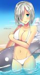  1girl absurdres arm_grab bare_arms bare_shoulders bikini blue_eyes breasts edel_(edelcat) hair_ornament hair_over_one_eye hairclip halterneck hamakaze_(kantai_collection) highres kantai_collection large_breasts looking_at_viewer midriff multicolored_background navel partially_submerged short_hair silver_hair smile standing standing_on_liquid swimsuit white_bikini 