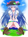  1girl black_hat blue_hair blush boots breasts brown_boots brown_shoes clouds cloudy_sky cross-laced_footwear dress_shirt food fruit full_body hat highres hinanawi_tenshi hybrid_(artist) knees_together_feet_apart knees_up leaf long_hair looking_at_viewer no_bra open_clothes open_shirt panties pantyshot pantyshot_(sitting) peach rainbow_gradient rainbow_order red_eyes shirt shoes short_sleeves sitting sky smile solo touhou underwear v_arms very_long_hair white_shirt 