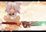  1girl albino animal_ears hat highres inubashiri_momiji katsuan_(mikecat38) leaf letterboxed lips looking_to_the_side maple_leaf outstretched_arms parted_lips red_eyes shirt short_hair sleeveless solo string sword tokin_hat touhou upper_body weapon white_hair wolf_ears 