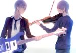  2boys dual_persona from_side guitar idolmaster idolmaster_side-m instrument looking_at_another male_focus map_(map_imas) multiple_boys playing_instrument sakaki_natsuki silver_hair simple_background violin 
