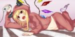  :o animal_hood artist_request blonde_hair blush cable carpet cat_hood clothes_writing controller crystal demon_wings dirty_socks fang flandre_scarlet game_controller groin holding hood hoodie leg_up long_sleeves lying navel on_side open_mouth pants purple_background red_eyes red_pants simple_background socks stomach tooth touhou white_legwear wings 