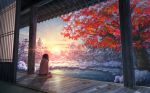  1girl highres lake lens_flare long_hair natsu_(hottopeppa3390) original pond porch revision scarf scenery sitting snow snowing solo sun sunset winter 