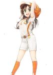  1girl absurdres ameyame baseball_mitt baseball_uniform blush breasts brown_hair green_eyes hair_ornament hairclip hat highres himekawa_yuki idolmaster idolmaster_cinderella_girls long_hair looking_at_viewer open_mouth simple_background smile solo sportswear white_background 