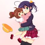  2girls ahoge blazer brown_hair chuunibyou_demo_koi_ga_shitai! eyepatch hat hat_removed headwear_removed hug jacket multiple_girls plaid plaid_skirt school_uniform short_hair side_ponytail skirt takanashi_rikka togashi_yumeha yuu2 