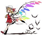  1girl bat blonde_hair dress flandre_scarlet hat hat_removed headwear_removed looking_at_viewer mob_cap puffy_short_sleeves puffy_sleeves red_dress red_eyes shirt short_sleeves side_ponytail solo touhou toutenkou wings 